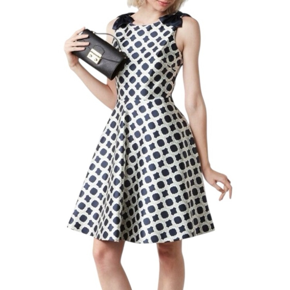 Ted Baker Tandi Geo Floral Fit & Flare Dress Navy Bow Shoulder Size XS NWOT
